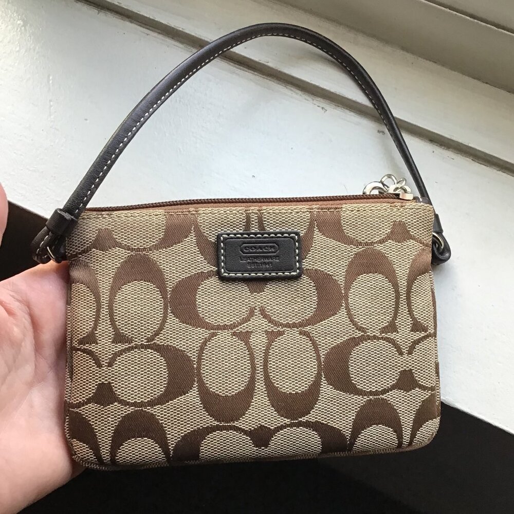 Coach Corner Zip in Signature Canvas Coach tan brown trim